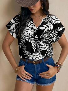 Glamance Leticiabaechtold Women's Vacation Casual Floral Print Notch Collar Blouse Suitable For Going Out - Black and White - View 6