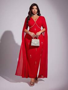 Viva Relle 大码女士优雅浪漫奢华派对、宴会、婚礼宾客、新年轻盈连衣裙，饰以钻石和珍珠，V领，雪纺泡泡袖，收腰设计，直筒廓形，长款连衣裙，秋冬款 - 紅色 - 查看 2