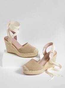 Solezae #BohoChic 手工系带刺绣灰褐色帆布坡跟厚底凉鞋 | 适合音乐节和海边晚餐 - 米色 - 查看 7