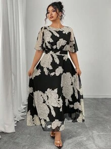 Modelyn 大码女式优雅圆领荷叶边喇叭袖合身飘逸长款雪纺连衣裙，春夏