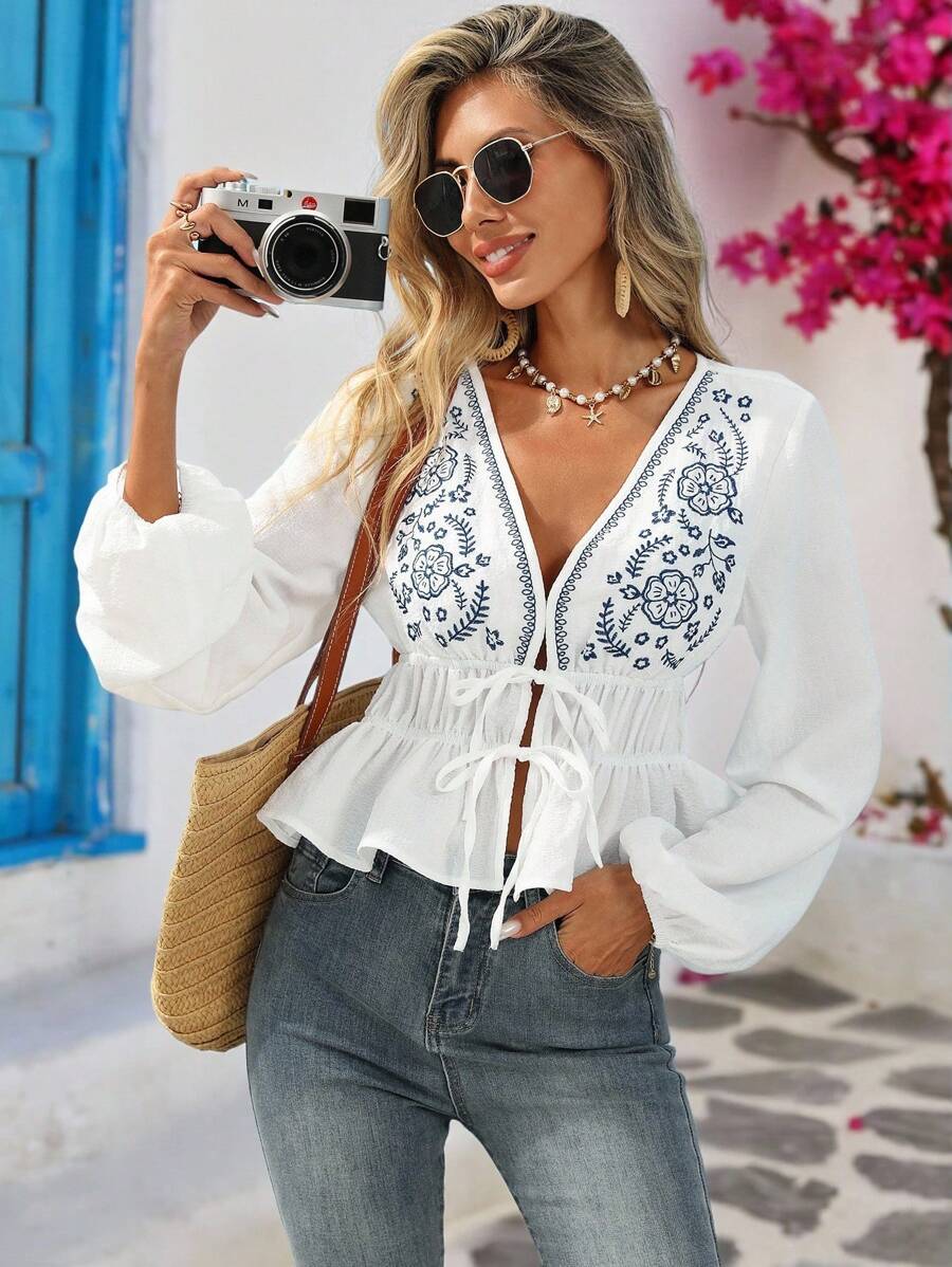 Vivid Eden Women's White V-Neck Boho Blue Floral Embroidered Long Sleeve Blouse, Vacation Woman, White Boho Top,Boho Blouses, Long Sleeve Boho Top,Tie Front Top,Going Out Tops,Western Wear Women,Airport Women,Cute Top,Fall Women,Back To School, Country Concert ,Going Out Tops, Boho Tops For Women, Bohemian Top - White - View 1