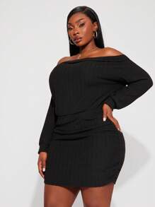 SHEIN SXY 大码女式性感露肩紧身黑色连衣裙，适合日常穿着、节日、约会之夜、生日、单身派对装、婚礼、优雅、休闲、购物、街头服饰、外出、易于搭配且看起来苗条，凸显您的身材，修饰身材 - 黑色 - 查看 11