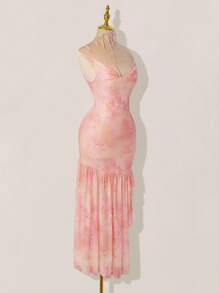 Sweetina 优雅甜美的粉色美人鱼裙，复古细肩带雪纺串珠长礼服，适合舞会和派对 - 粉色 - 查看 8