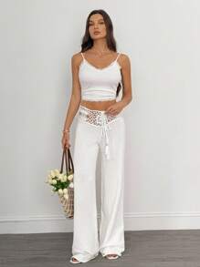 SHEIN Tall Quần len ống rộng đan móc phong cách du lịch giản dị thời trang cho nữ vào mùa thu/đông - trắng - Xem 6