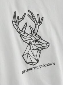 Mainfolk Men's Casual Loose Fit Round Neck Short Sleeve T-Shirt With Geometric Deer Embroidery, Graphic Tee - White - View 5