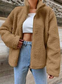 EURMUSE 女士休闲纯色常规夹克，秋冬 - 駝色 - 查看 6