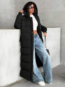 EURMUSE Women Hooded Belt Detailed Padded Long Winter Coat