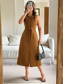 Vionelle 大码女式纯色圆领单排扣休闲无袖连衣裙 - 咖啡棕 - 查看 3