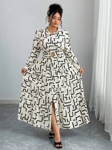 Flirla Damen Große Größen Geometrisches Muster Langarm Rüschen Saum Lässig Hemdkleid - Aprikosenfarben - Übersicht 3