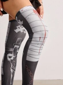 ROMWE Grunge Punk 1 Cặp tất cao đến đầu gối in họa tiết chữ thập và xích phong cách Punk, tất cosplay Anime dành cho nữ - Đen và trắng - Xem 2