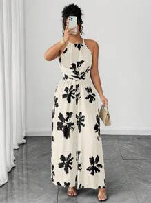 Elenzga Plus Size Women's Elegant Floral Print Halter Jumpsuit, Summer - White - View 1