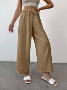 EURMUSE Pantaloni casual da donna in cotone di taglia piccola, con nodo, monocolore - Moka Marrone - Visualizzare 6