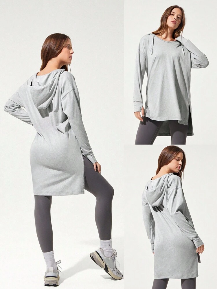 Cloudknit Soft Oversized Hip Length Adjustable Drawstring Long Sleeve Sweatshirt With Thumbholes Daily Casual  Spring Summer
