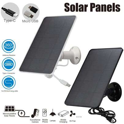 Cargador solar giratorio 360°, adecuado para cámaras de de bajo voltaje, compatible con micro USB y USB-C, fácil instalación para timbres, luces y dispositivos de vigilancia