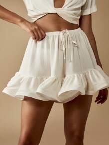 MISSGUIDED Linen Ruffle Hem Summer Beach Shorts Festival Holiday Resort Mini Skort Lightweight Boho Flowy Mini Bottoms Casual Drawstring - White - View 1