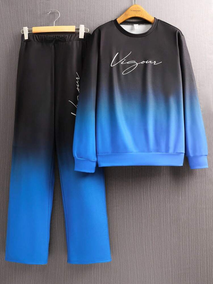 SHEIN 青少年男孩休闲街头口号渐变印花舒适圆领运动衫和运动裤套装，适合通勤、上学、日常休闲、旅行、运动、派对、秋冬 - 彩色 - 查看 5