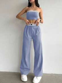 Elenzga 2件套女士休闲撞色抹胸上衣和裤子套装，适合大学穿着