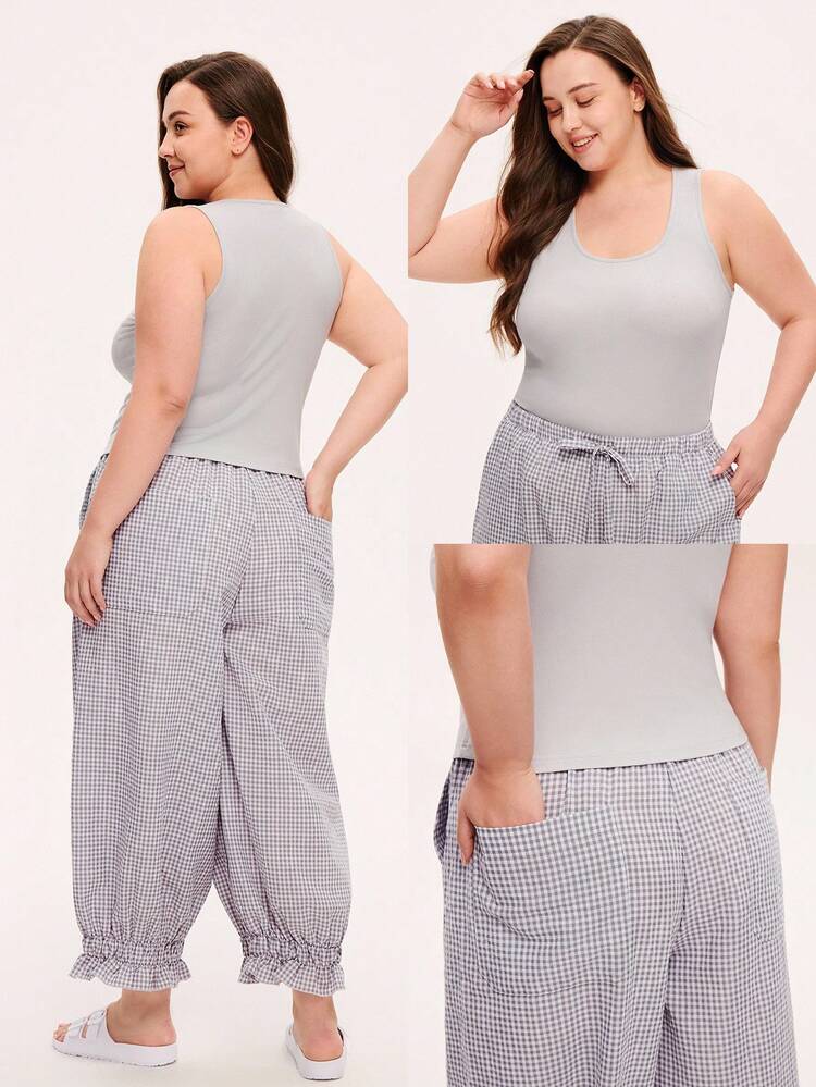 女性用グレータンクトップカジュアルトップス&コットンチェック柄ルームパンツ可愛いパジャマセット ポケット付きパンツ アウターウェアとしても着用可能 家ではくつろげる チェック柄 ティーンガール、若者、子供にも適しています