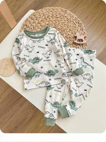 2 件装幼儿男宝宝可爱恐龙印花贴身长袖衬衫和裤子柔软舒适睡衣套装