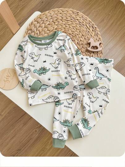 2 件装幼儿男宝宝可爱恐龙印花贴身长袖衬衫和裤子柔软舒适睡衣套装