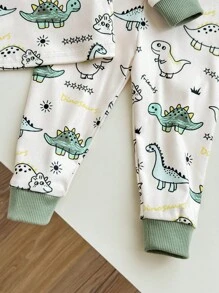 2 件装幼儿男宝宝可爱恐龙印花贴身长袖衬衫和裤子柔软舒适睡衣套装