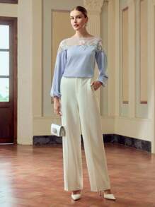 ZEYLAH 女士花卉刺绣网眼灯笼袖宽松优雅衬衫 - 白色 - 查看 6