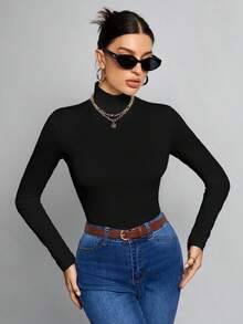 SHEIN Tall Simple Solid Color Slim High Collar Black Top Suitable For Autumn And Winter,Fall,Black Tops - Black - View 7