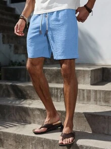 Manfinity RSRT Men's Summer Drawstring Button Pocket Casual Shorts Men Light Blue Shorts Light Blue Shorts Men Casual Shorts Men Drawstring Shorts Men Summer Shorts