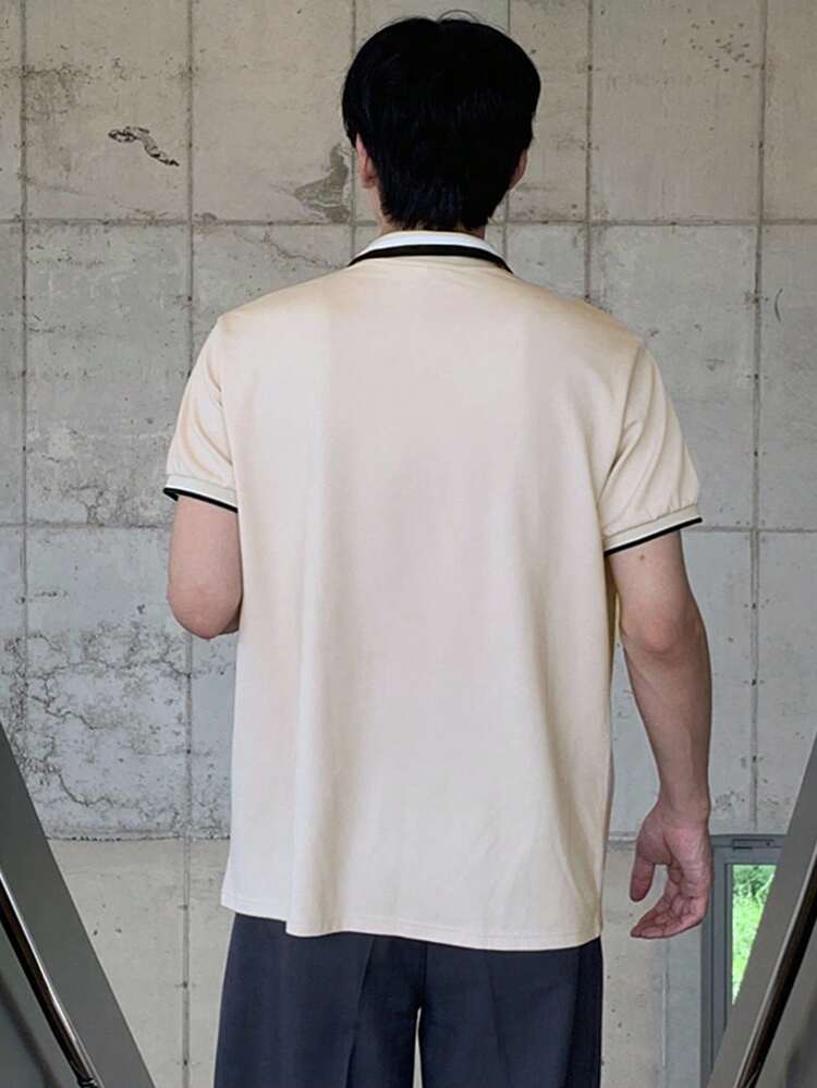 Men's Patchwork Collar Polo Shirt With Label Design, Beige, Summer