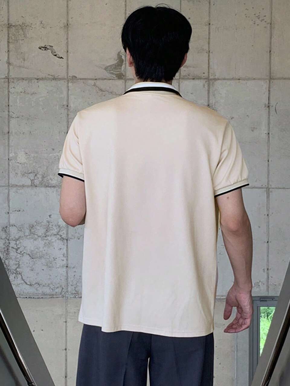 Men's Patchwork Collar Polo Shirt With Label Design, Beige, Summer
