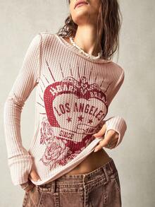 Bohemela Camiseta de mujer de manga larga, cuello redondo, de punto de unicolor, con estampado frontal central, para vacaciones