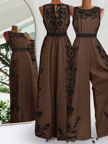 SHEIN Clasi Plus Size Round Neck Sleeveless Contrast Color Vintage Waist Cinched Loose Jumpsuit, Summer Wide Leg Jumpsuit - Mocha Brown - View 2