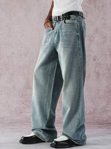 Manfinity EMRG 复古水洗蓝色直筒牛仔裤，带水钻星星装饰，春夏 - 藍色 - 查看 6