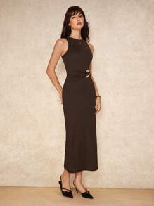 House of One Old Money Solid Brown Textured Knit Sleeveless Overlap Fitted Midi Dress Women Casual Autumn Outfits Brown Midi Dress Brown Dress Women Casual Old Money Fall Women Clothes Brown Dress Coffee Brown Dress Brown Buckle Dress Fall Outfits Business Professional Women Business Casual Woman