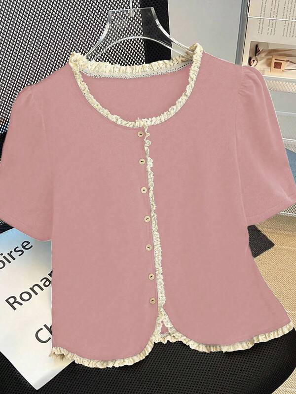 GlowEve Women's Casual Contrast Color Lace Trim T-Shirt, Summer
