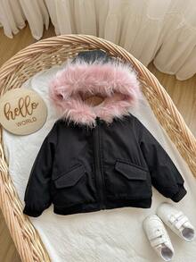 SHEIN 女宝宝可爱百搭保暖内衬连帽毛领夹克，秋冬 - 彩色 - 查看 6