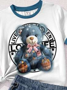 SHEIN Leap Crew Y2K 复古链条图案，泰迪熊印花，少女休闲简约短袖上衣和短裤两件套，适合夏季霓虹海滩风情，波西米亚嬉皮风格，音乐节返校服饰，2000 年代风格，Y2K 服饰 - 彩色 - 查看 3