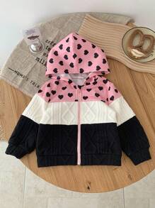 SHEIN Babygirl Fashion Design Cute Color Matching Girl Heart Pattern Textured Fabric Hooded Jacket, Comfortable And Soft Fabric Cares For Baby's Skin, Warm And Practical, Suitable For Autumn And Winter, Is The First Choice For Mothers Shopping, Versatile - Multicolor - View 2