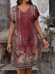 EMERY ROSE Plus Size Women Country Casual Vacation Vintage Style Floral Print V-Neck Short Sleeve Dress,Summer Holiday,Vacation Outfits Women,Simple And Fashionable For Everyday Wear,Vacay Vibes,Springbreak,Casual Wear SS,Bohemia,Summer Dresses For Women,Dresses Casual,Going Out Outfits,2025 New Clothes,Fall Women Clothes - Red - View 5