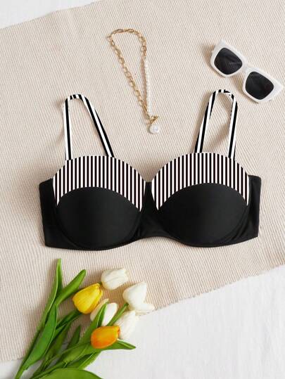 SHEIN Swim Curve 大码女式细带拼色钢圈时尚优雅泳衣上衣，适合海滩度假