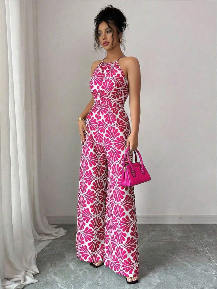 Elenzga Mono de mujer con cintura ceñida y estampado de tela, elegante para vacaciones y uso diario - Rosa Fucsia - Añade 6