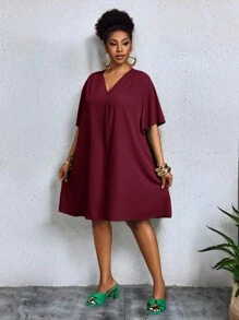 Slaydiva 2025 New Arrival/Easter/Western Style/Elegant Casual Commute/Business Casual Women's Short Sleeve Shirt Dress, Elegant Personalized Design V-Neck Chiffon Blouse Loose Short Sleeve Ruffle Sleeve Dress Plus Size Casual Dress Plus Size Burgundy Dress Plus Size Vacation Dress Plus Size Dress Burgundy Dress - Burgundy - View 13