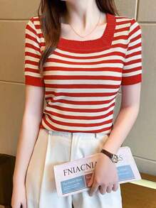 EMERY ROSE Striped Knitted Top, Suitable For Daily Wear In Summer For New Year Clothes - Red - View 5