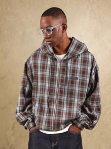 SUMWON 超大格子法兰绒连帽夹克拉链短袖轻便纽扣口袋休闲秋冬外套街头潮流分层单品