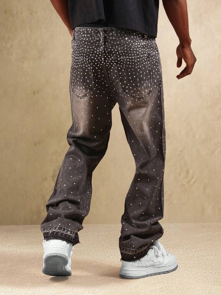 Wide Leg Denim Jeans With Crystal Embellishments