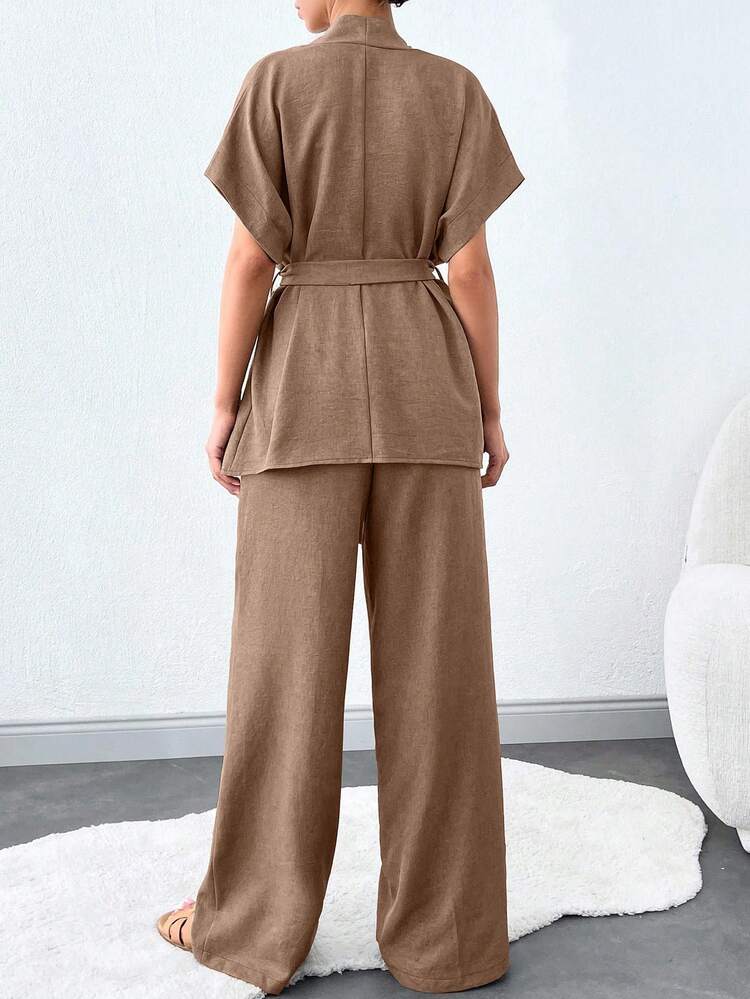 SHEIN Tall Vacation Casual Solid Color Batwing Sleeve Top And Pants Set - Mocha Brown - View 2