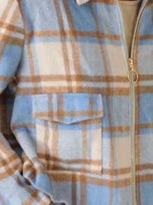 Nöista Veste courte bleue, marron et beige avec un placket à fermeture éclair en métal et un design de revers, convenant pour le printemps et l'automne.