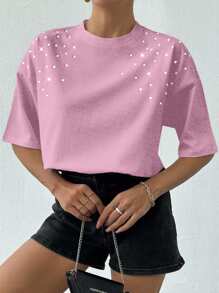 EURMUSE 100%纯棉女款白色水钻T恤 - 淺粉色 - 查看 5