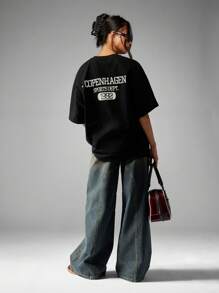 MISSGUIDED Áo thun thể thao Copenhagen cỡ lớn, phong cách cổ điển, thẩm mỹ, thời trang đường phố, in họa tiết trường học, tay ngắn, chất liệu cotton, áo thun thường ngày cơ bản - màu đen - Xem 7