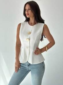 Firerie Women's Elegant Refined Daily Commute Fashion Metal Button Decor Sleeveless Fitted White Shirt Blouse - White - View 3